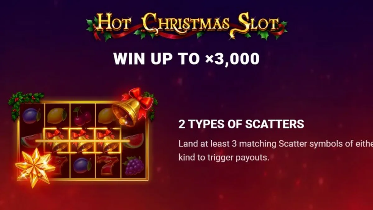 Tampilan visual mesin slot Hot Christmas dengan simbol buah dan dekorasi Natal yang meriah