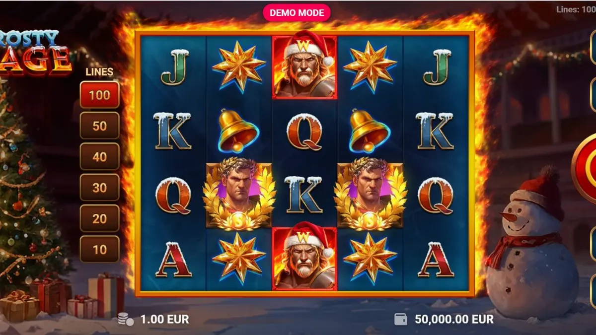 Tampilan visual slot Frosty Rage dengan tema gladiator Natal dan lampu neon.