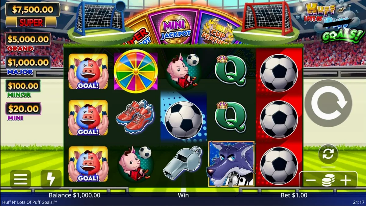 Tampilan visual slot Huff N' Lots of Goals dengan tema sepak bola dan karakter tiga babi kecil.