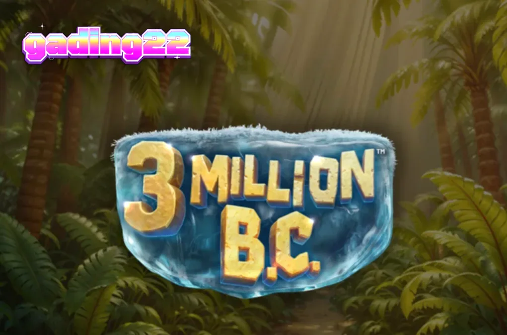 Pemandangan visual slot 3 Million B.C. dengan elemen prasejarah dan roda jackpot.